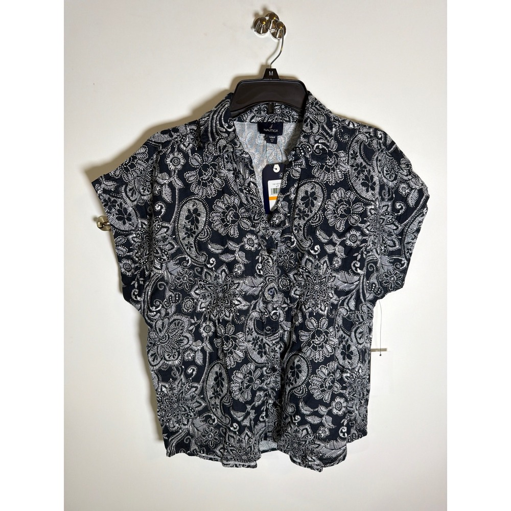 NWT‎ Nautica Womens Navy Blue White Paisley Floral Cotton Button Down Shirt